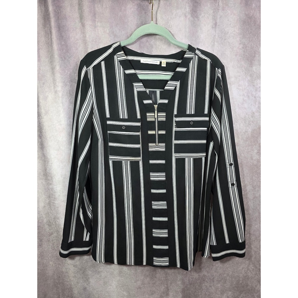 Notations Womens XL Black White Striped Half Zip Roll Tab Sleeve‎ Blouse Top